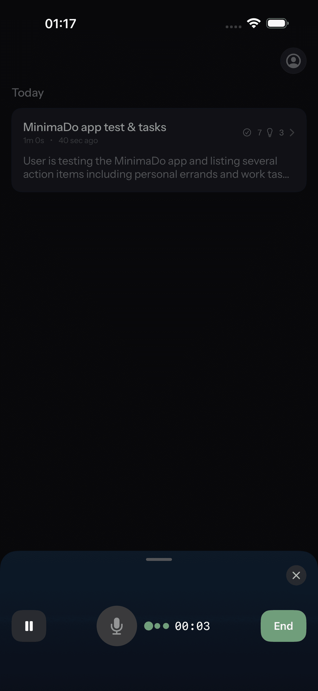 Voice recording interface for capturing tasks by speaking
